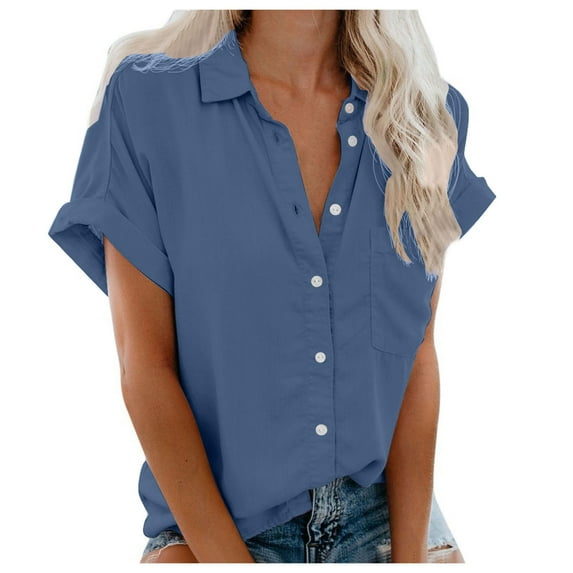 vigerkar Womens Short Sleeve Button Down Shirts Stretch Oxford Shirts Cotton Dress Shirt Collared Blouse Formal Work Tunic Tops Light Blue, S