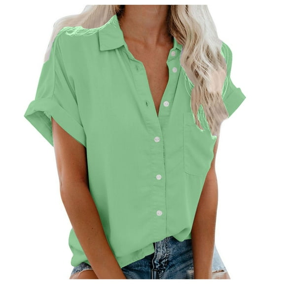 vigerkar Womens Short Sleeve Button Down Shirts Stretch Oxford Shirts Cotton Dress Shirt Collared Blouse Formal Work Tunic Tops Light Green, L