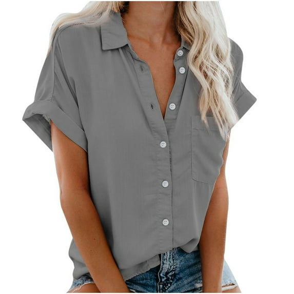 vigerkar Womens Short Sleeve Casual Button Down Shirts Summer Soft Fashion Cotton Blouses Tops with Pocket Grey, 3XL
