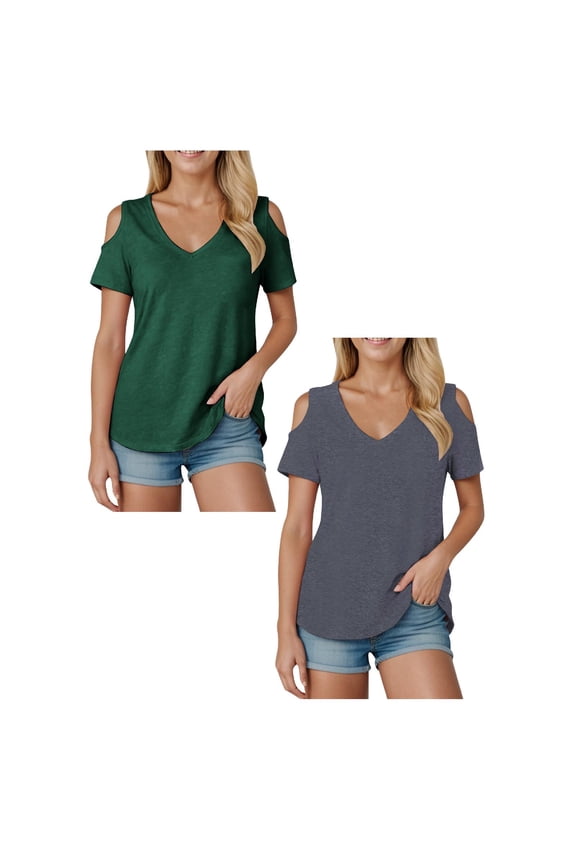 Womens Short Sleeve Cold Shoulder Basic Tee Tops Shirts, Pack of 2 (Green 1PCS & Navy 1PCS, S)