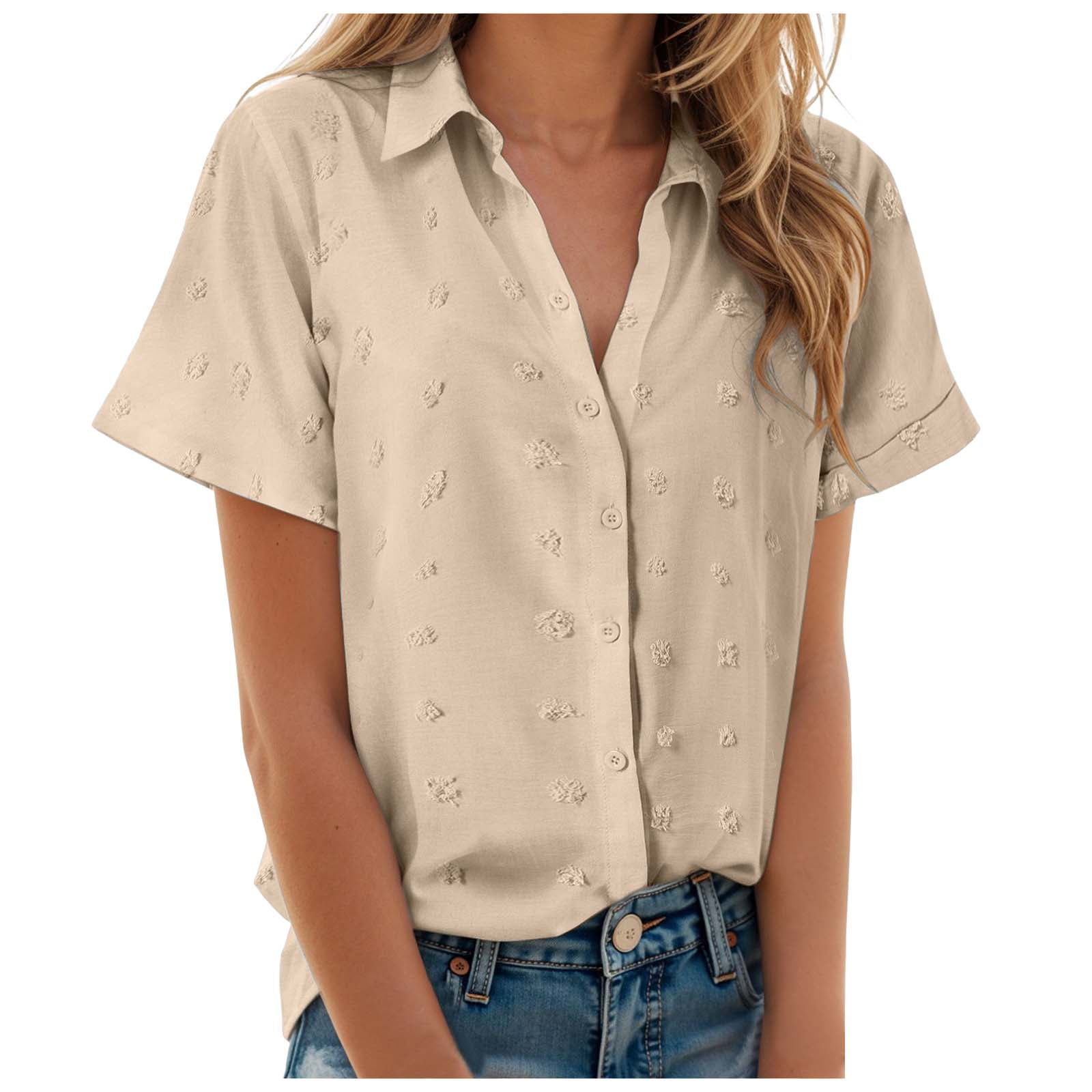 vigerkar Womens Short Sleeve Shirts V Neck Collared Button Down Shirt ...