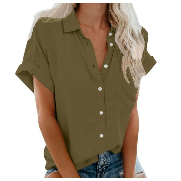 vigerkar Womens Short Sleeve Shirts V Neck Collared Button Down Shirt Tops with Pockets AG, M