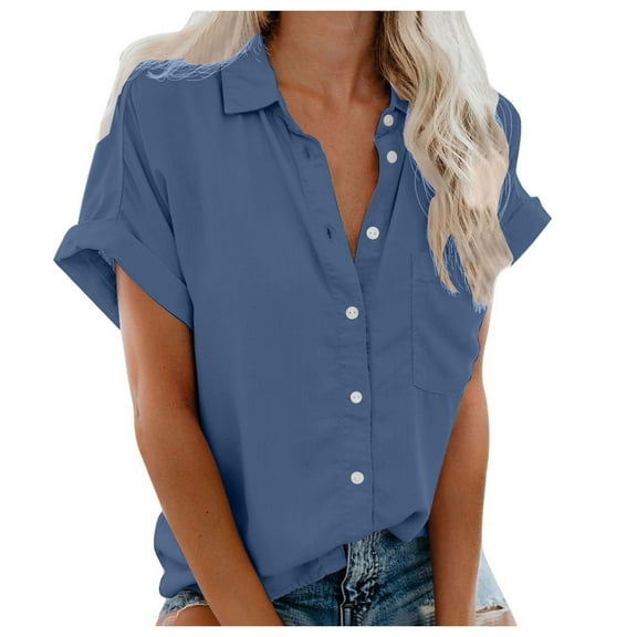 vigerkar Womens Short Sleeve Shirts V Neck Collared Button Down Shirt Tops with Pockets Light Blue, S