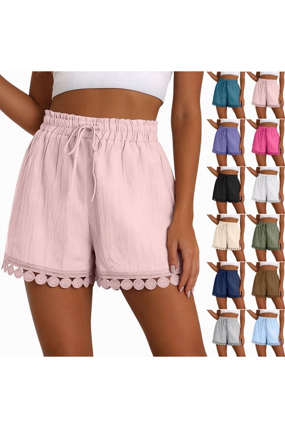 Womens Shorts Summer Casual Loose Elastic Waist Drawstring Lace Boho Beach Cover Up Shorts (Grey, L)