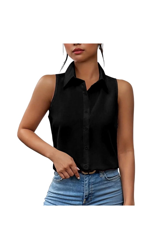 Womens Sleeveless Button Down Shirt Collared Cotton Linen Blouse Casual Office Shirts Basic Tank Top (Black, M)