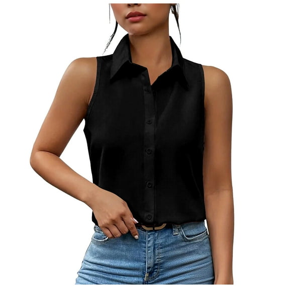 vigerkar Womens Sleeveless Button Down Shirt Collared Cotton Linen Blouse Casual Office Shirts Basic Tank Top (Black, S)