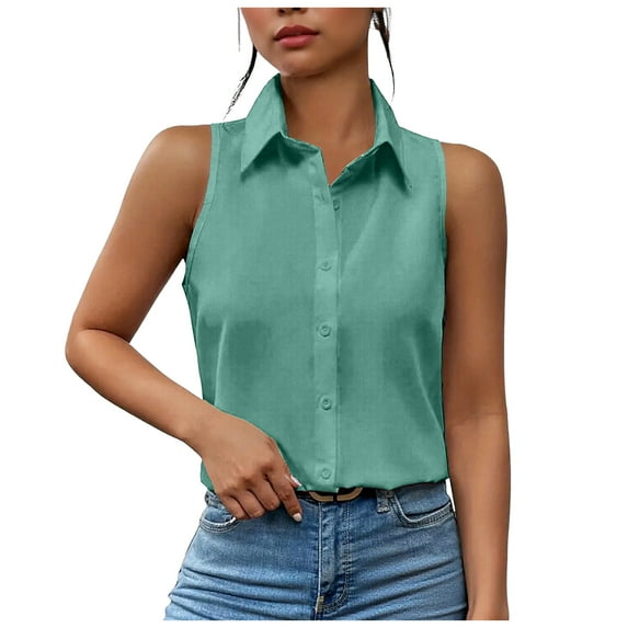 vigerkar Womens Sleeveless Button Down Shirt Collared Cotton Linen Blouse Casual Office Shirts Basic Tank Top (Green, XXL)