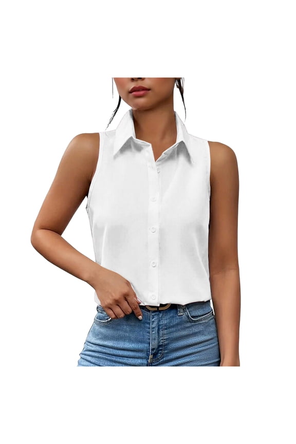 Womens Sleeveless Button Down Shirt Collared Cotton Linen Blouse Casual Office Shirts Basic Tank Top (White, L)