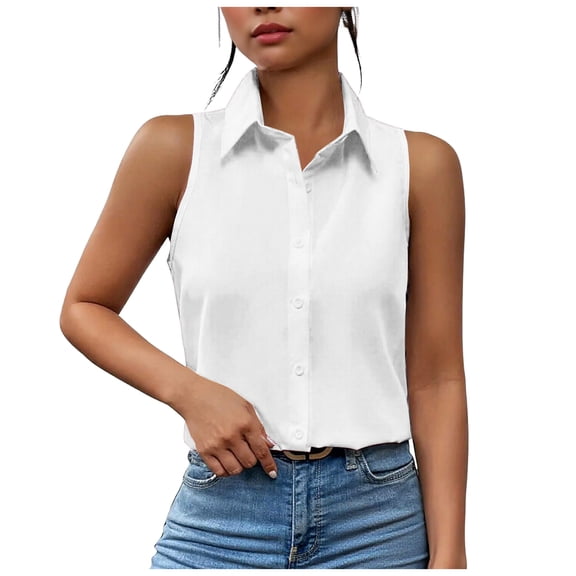 vigerkar Womens Sleeveless Button Down Shirt Collared Cotton Linen Blouse Casual Office Shirts Basic Tank Top (White, M)