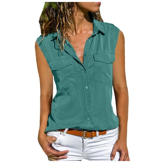 vigerkar Womens Sleeveless Button Down Shirts Blouses Business Work Summer Tank Tops 2025 With Pockets Green, L