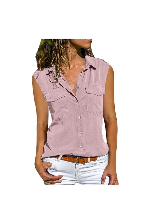 Womens Sleeveless Button Down Shirts Blouses Business Work Summer Tank Tops 2025 With Pockets Pink, XXL