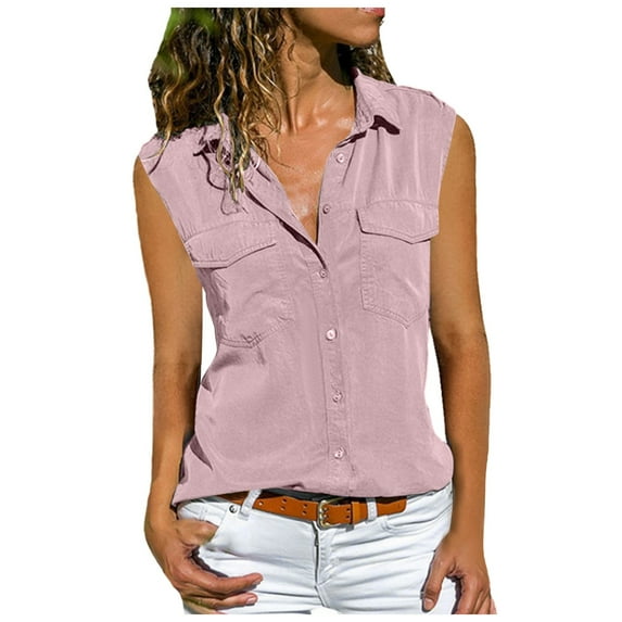 vigerkar Womens Sleeveless Button Down Shirts Blouses Business Work Summer Tank Tops 2025 With Pockets Pink, XXL