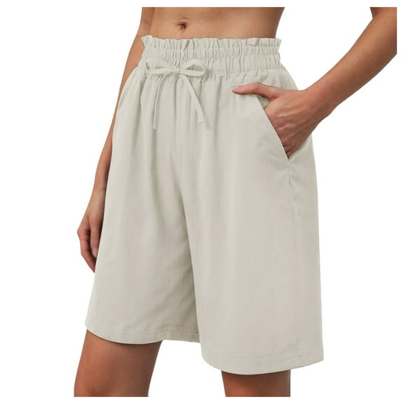 vigerkar Womens Solid Color Shorts Loose Comfy Drawstring Lounge Bermuda Shorts with Pockets (Beige, XXL)