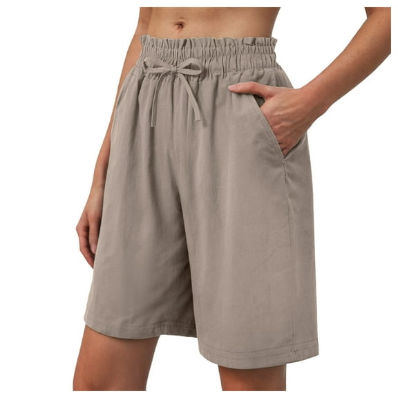 vigerkar Womens Solid Color Shorts Loose Comfy Drawstring Lounge Bermuda Shorts with Pockets (Khaki, L)
