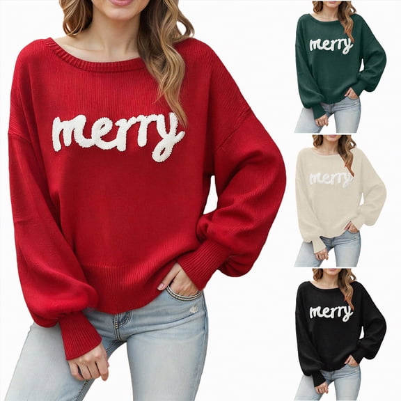 vigerkar Womens Solid Merry Christmas Sweaters Long Batwing Sleeve Sweater Loose Fit Pullover Top Sweaters (Beige, XL)