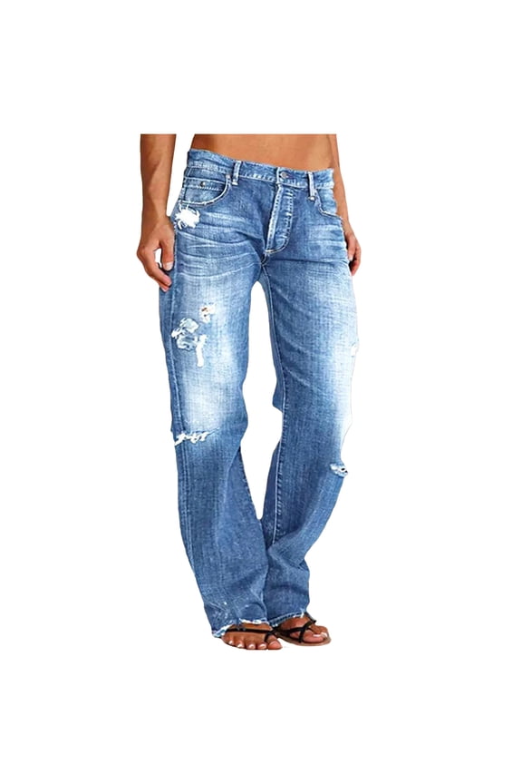 Womens Straight Leg Jeans Button Down Low Rise Ripped Jeans Plus Size Boyfriend Distressed Denim Pants with Pockets (Blue, XXL)