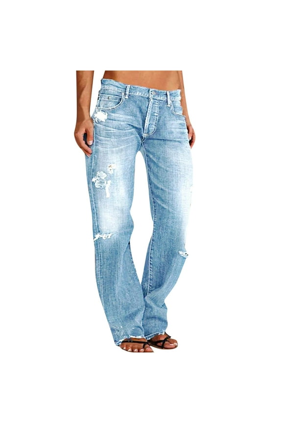 Womens Straight Leg Jeans Button Down Low Rise Ripped Jeans Plus Size Boyfriend Distressed Denim Pants with Pockets Light Blue, 3XL