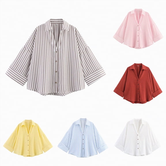 vigerkar Womens Striped Button Down Shirts Lapel V Neck 3/4 Sleeve Casual Blouses Loose Fit Tops (Pink, S)