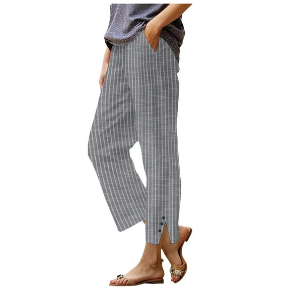 vigerkar Womens Striped Linen Pants 2025 Summer Casual High Waisted Cropped Pants Loose Straight Leg Dressy Trousers with Pockets Grey, 3XL