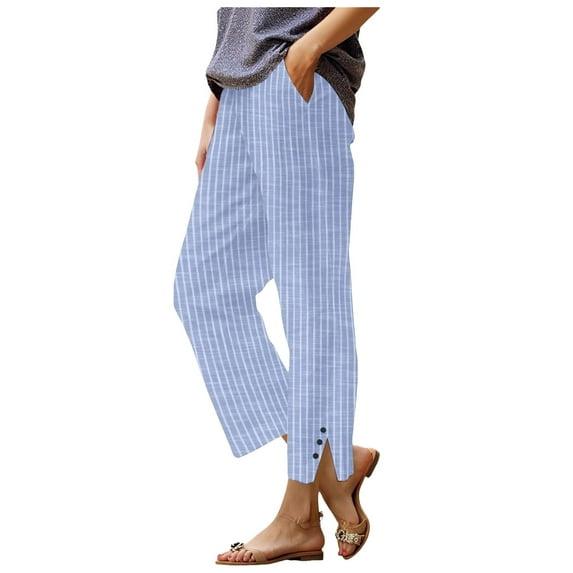 vigerkar Womens Striped Linen Pants 2025 Summer Casual High Waisted Cropped Pants Loose Straight Leg Dressy Trousers with Pockets Light Blue, XL