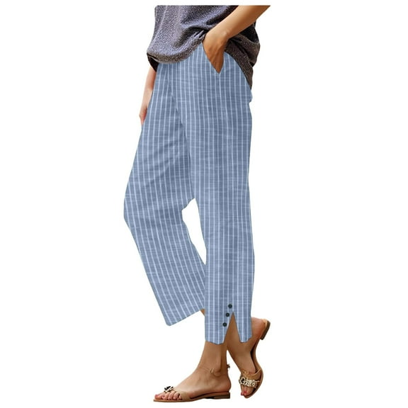 vigerkar Womens Striped Linen Pants 2025 Summer Casual High Waisted Cropped Pants Loose Straight Leg Dressy Trousers with Pockets Sky Blue, 5XL