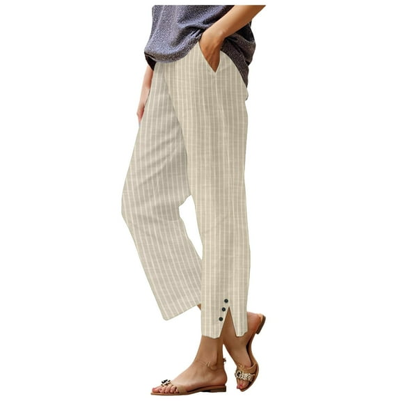 vigerkar Womens Striped Linen Pants 2025 Summer Casual High Waisted Cropped Pants Loose Straight Leg Dressy Trousers with Pockets Yellow, XXL