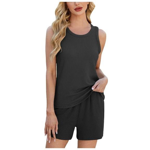 vigerkar Womens Summer 2 Piece Sets 2025 Ribbed Knit Crew Neck Sleeveless Tank Tops With Shorts Casual Lounge Matching Set Black, S