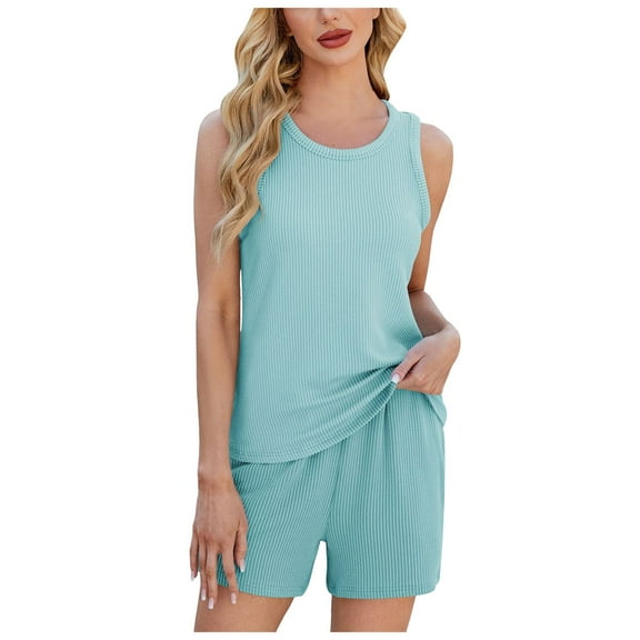 vigerkar Womens Summer 2 Piece Sets 2025 Ribbed Knit Crew Neck Sleeveless Tank Tops With Shorts Casual Lounge Matching Set Green, M