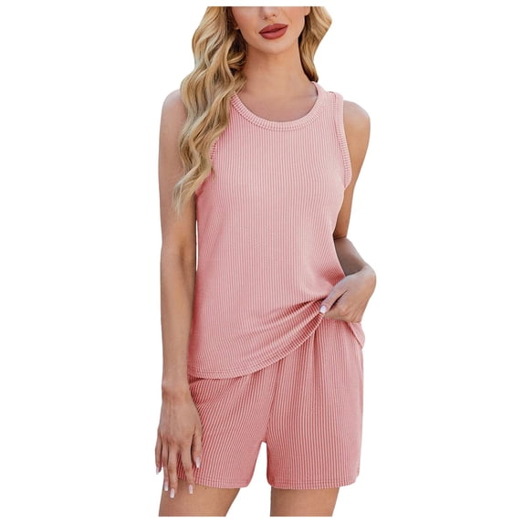 vigerkar Womens Summer 2 Piece Sets 2025 Ribbed Knit Crew Neck Sleeveless Tank Tops With Shorts Casual Lounge Matching Set Pink, XL