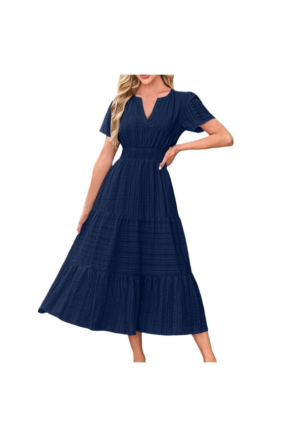 Womens Summer 2025 Casual Maxi Dresses Lightweight Short Sleeve V Neck Elastic Waist Boho Beach Dress with Pockets Navy, M