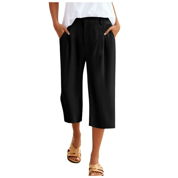 vigerkar Womens Summer Capri Pants Women Flare Capri Leggings with Pockets Casual Cotton Work Lounge Pants Black, L