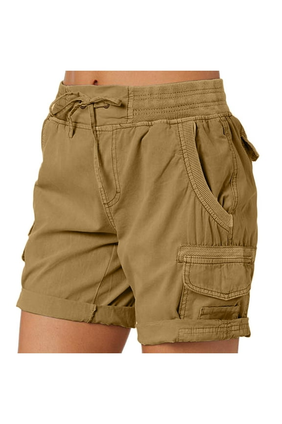 Womens Summer Casual Drawstring Elastic Waist Cargo Shorts High Waisted Rolled Edge Pocketed Shorts Khaki, S