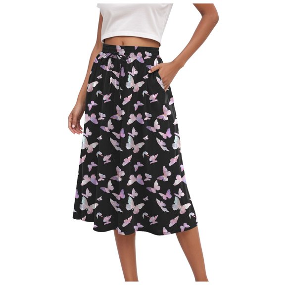vigerkar Womens Summer Casual Dress Floral Printed High Waist A Line Ruffle Swing Midi Skirt with Pockets Light Pink, XXL