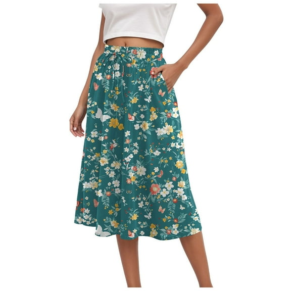 vigerkar Womens Summer Casual Dress Floral Printed High Waist A Line Ruffle Swing Midi Skirt with Pockets Mint Green, M
