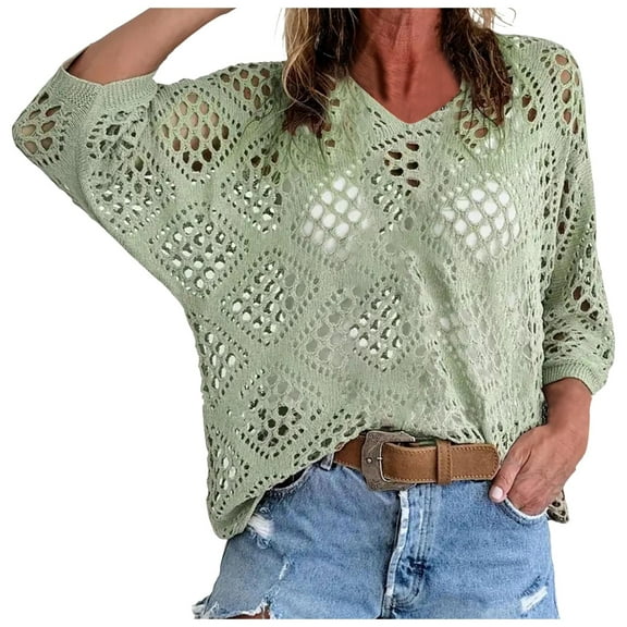vigerkar Womens Summer Crochet Long Sleeve Sexy Tops Sweaters for Women 2025 Beach Cover ups Cruise Outfits Green, M