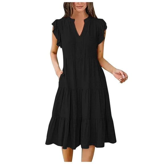 vigerkar Womens Summer Dress Ruffle Sleeve V Neck Midi Dresses Fashion Casual Fit Flowy Tiered Boho Beach Vacation Sundress Black, XL