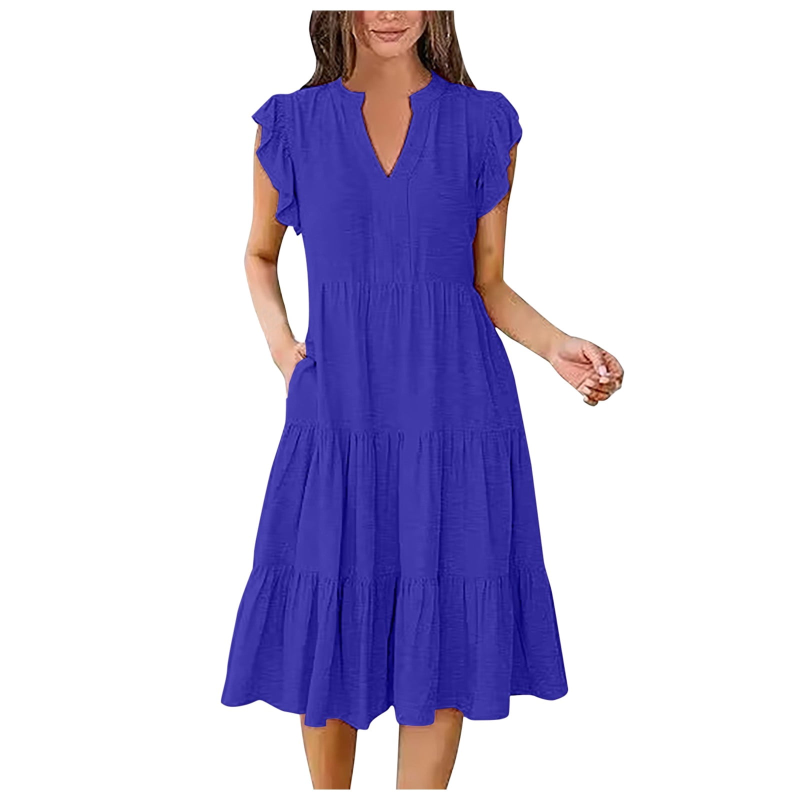ANRABESS Women's Summer Ruffle Sleeve V-Neck Midi Dress - Boho Flowy Beach Dress