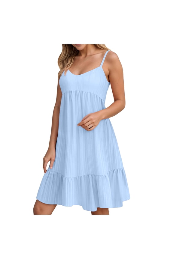 Womens Summer Dresses 2025 V Neck Sleeveless Mini Babydoll Dress Casual Loose Swing Ruffled Tiered Beach Sundress Light Blue, M