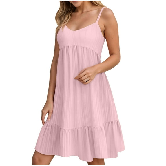 vigerkar Womens Summer Dresses 2025 V Neck Sleeveless Mini Babydoll Dress Casual Loose Swing Ruffled Tiered Beach Sundress Pink, M
