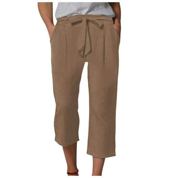 vigerkar Womens Summer Fashion Capri Pants Casual Drawstring Elastic High Waist Linen Pant Straight Cropped Trousers (Brown, 5XL)