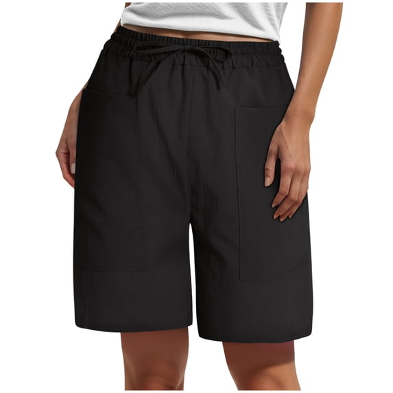 vigerkar Womens Summer Linen Shorts Casual Fashion Beach Shorts Drawstring Elastic Waist Comfy Quick Dry Pants with Pockets Black, XXL