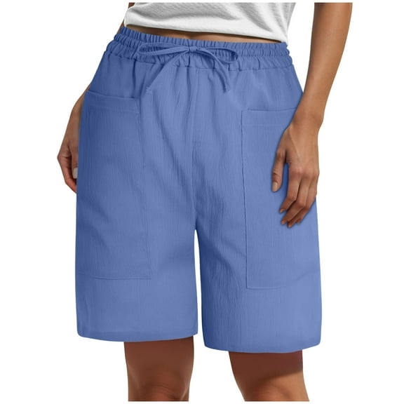 vigerkar Womens Summer Linen Shorts Casual Fashion Beach Shorts Drawstring Elastic Waist Comfy Quick Dry Pants with Pockets Blue, XXL