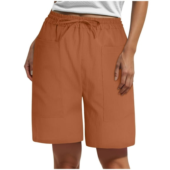 vigerkar Womens Summer Linen Shorts Casual Fashion Beach Shorts Drawstring Elastic Waist Comfy Quick Dry Pants with Pockets Brown, XXL