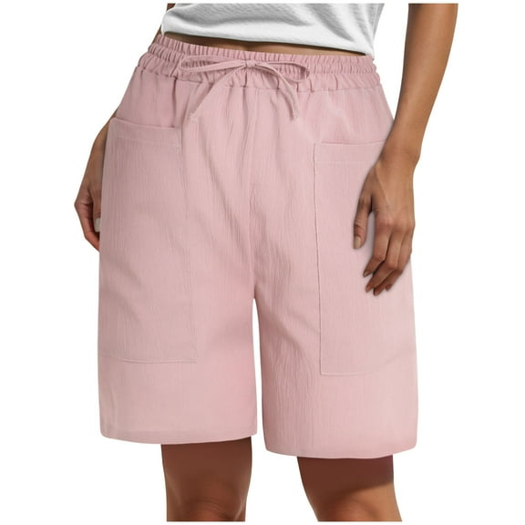 vigerkar Womens Summer Linen Shorts Casual Fashion Beach Shorts Drawstring Elastic Waist Comfy Quick Dry Pants with Pockets Pink, M