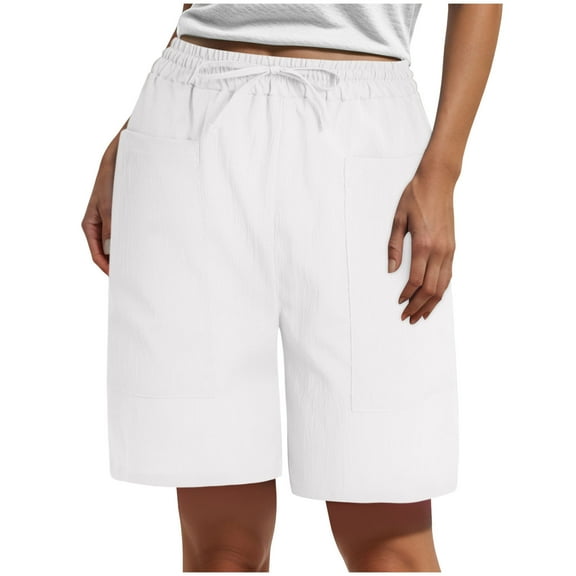 vigerkar Womens Summer Linen Shorts Casual Fashion Beach Shorts Drawstring Elastic Waist Comfy Quick Dry Pants with Pockets White, L