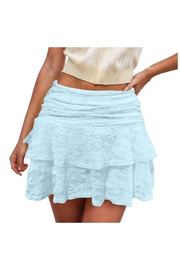 Womens Summer Low Rise Lace Mini Skirt Y2k Pleated Ruffle Short Skirt Flowy Half Skirts Blue, M