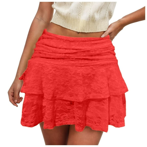 vigerkar Womens Summer Low Rise Lace Mini Skirt Y2k Pleated Ruffle Short Skirt Flowy Half Skirts Red, L