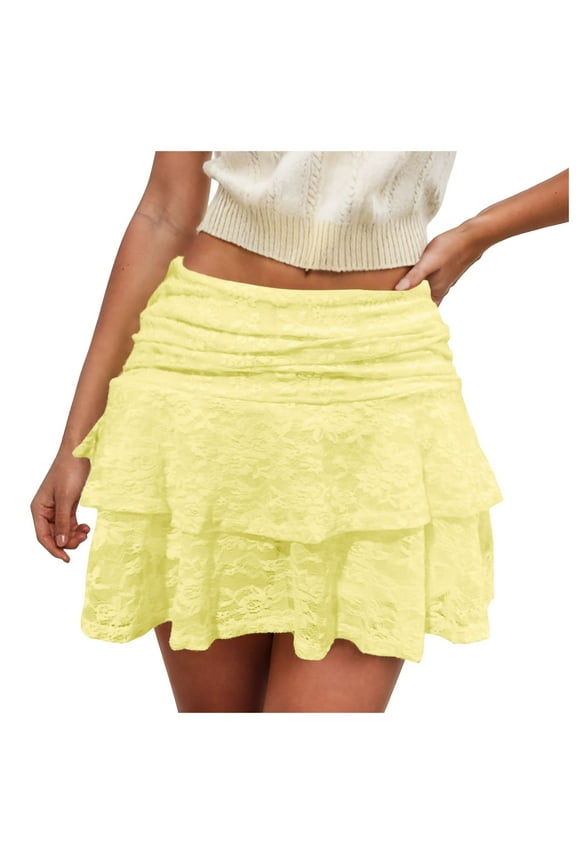 vigerkar Womens Summer Low Rise Lace Mini Skirt Y2k Pleated Ruffle Short Skirt Flowy Half Skirts Yellow, S