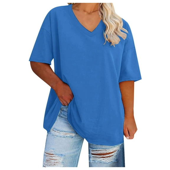 vigerkar Womens Summer Oversized Shirts V Neck Casual Workout Tops Beach Vacation 2025 Gym Comfy Clothes Blue, S