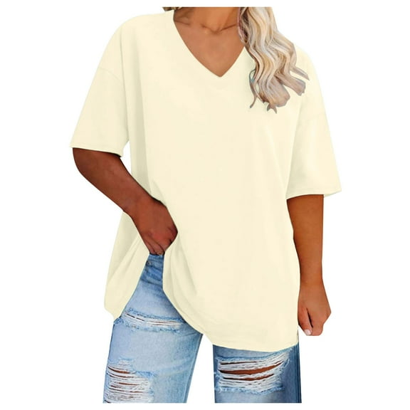 vigerkar Womens Summer Oversized Shirts V Neck Casual Workout Tops Beach Vacation 2025 Gym Comfy Clothes Yellow, XL
